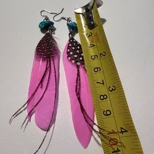 Pink Feather Earrings with turquoise stones